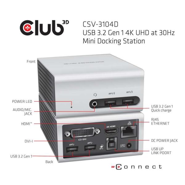 Club3D Mini dokovací stanice USB 3.2 4K30Hz UHD (HDMI/ DVI/ 4x USB 3.1/ Ethernet/ Audio) DisplayLink® Certified2