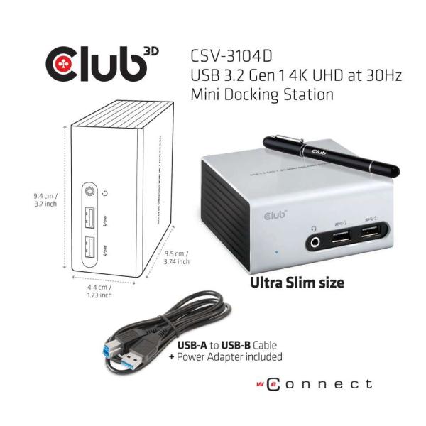 Club3D Mini dokovací stanice USB 3.2 4K30Hz UHD (HDMI/ DVI/ 4x USB 3.1/ Ethernet/ Audio) DisplayLink® Certified5