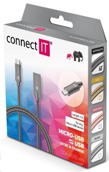 CONNECT IT Wirez Steel Knight Micro USB - USB,  metalická antracitová,  1 m3