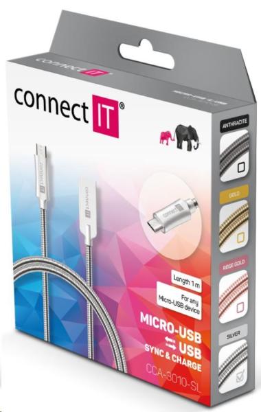 CONNECT IT Wirez Steel Knight Micro USB - USB, strieborná metalíza, 1 m3