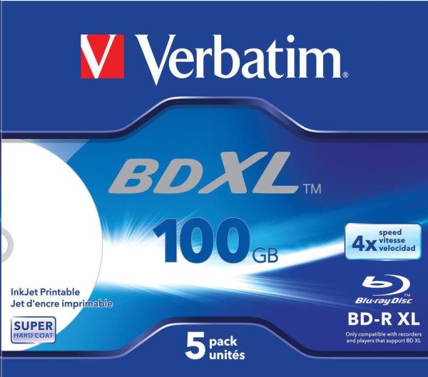 VERBATIM BD-R XL (5-pack)Blu-Ray/Jewel/DL/4x/100GB/ ŠIROKÝ BIELY INKJETOVÝ TLAČIVÝ POVRCH