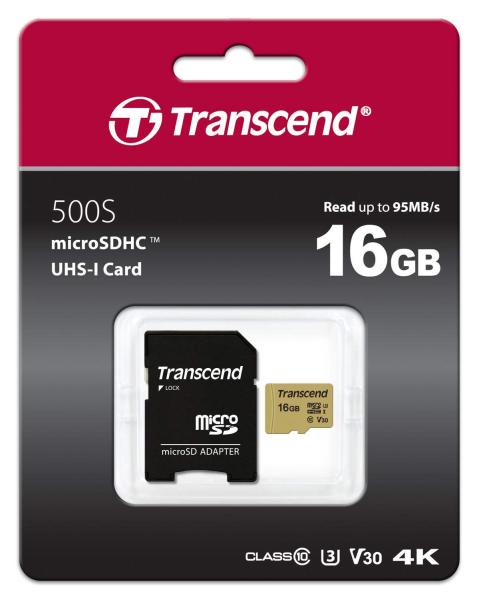 Karta TRANSCEND MicroSDHC 16GB 500S,  UHS-I U3 V30 + adaptér1