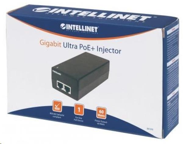 Intellinet Gigabit Ultra PoE+ Injector,  1x 60W port,  IEEE 802.3bt,  IEEE 802.3at/ af1