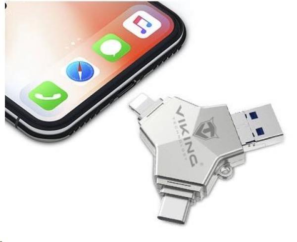 USB Flash disk Viking 3.0 4v1 s konektorom Lightning/Micro USB/USB/USB-C, 64 GB, strieborná2