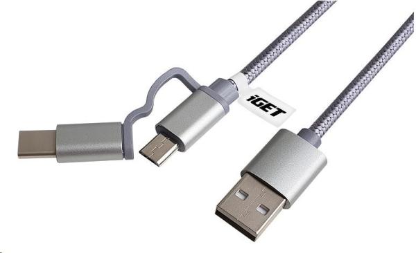 iGET G2V1 USB kábel 2v1,  1 m,  strieborný,  microUSB a USB-C,  predĺžené konce