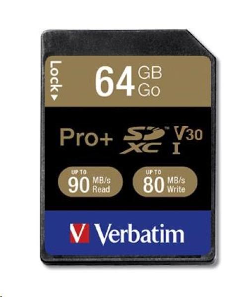 Karta VERBATIM SDXC 64GB PRO+ Class 10,  UHS-1 (R:90/ W:80 MB/ s)