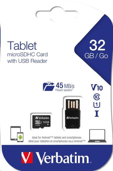 VERBATIM Tablet microSDHC C10/ U1 s USB čítačkou 32GB (R:45MB/ s,  W:10MB/ s)5