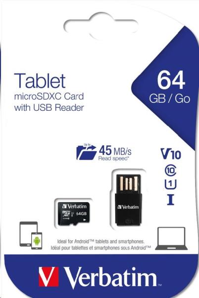 VERBATIM Tablet microSDHC C10/ U1 s USB čítačkou 64GB (R:70MB/ s,  W:10MB/ s)4