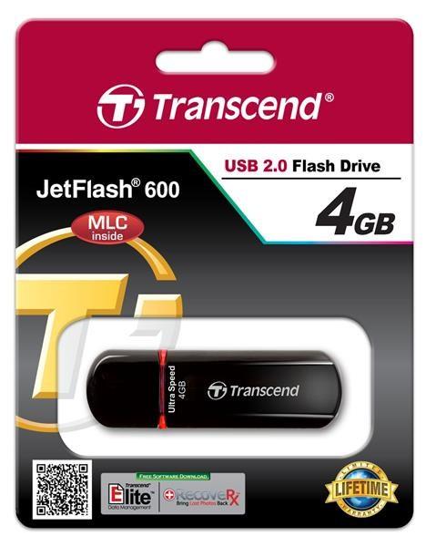 TRANSCEND Flash disk 4GB JetFlash®600,  USB 2.0 (R:20/ W:10 MB/ s) čierna/ červená4