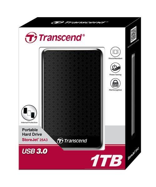 Externý pevný disk TRANSCEND 2, 5" USB 3.1 StoreJet 25A3,  1 TB,  čierny (nárazuvzdorný,  256-bitový AES)6