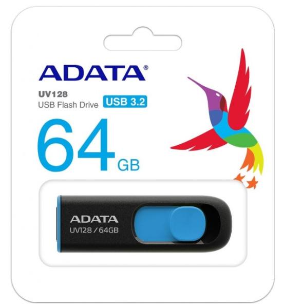 ADATA Flash Disk 64GB UV128,  USB 3.1 Dash Drive (R:90/ W:40 MB/ s) čierna/ modrá1