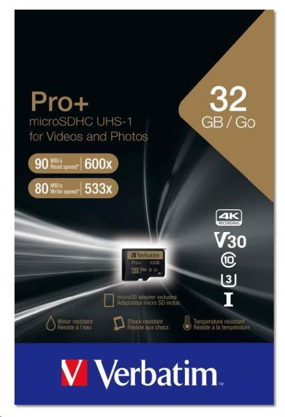 Karta VERBATIM MicroSDHC 32GB PRO+ Class 10,  UHS 1 (R:90/ W:80 MB/ s)0
