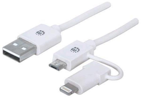 MANHATTAN i-Lynk Nabíjací/ synchronizačný kábel,  USB A na micro-USB a 8-pin,  1 m (3.3 ft.) biela/ biela