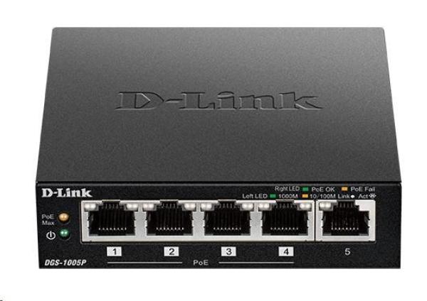 D-Link DGS-1005P 5-portový gigabitový stolový prepínač PoE+,  4 porty PoE+,  rozpočet PoE 60 W0