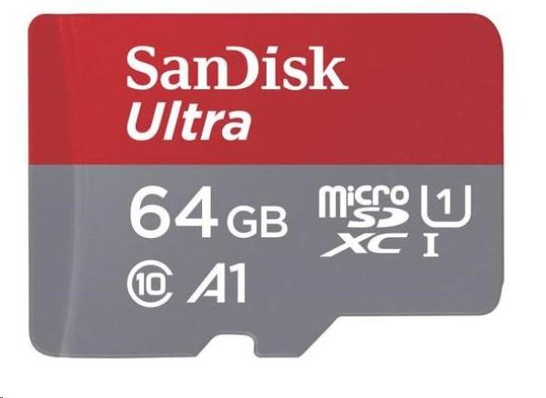 Karta SanDisk MicroSDXC 64 GB Ultra (100 MB/ s,  A1 Class 10 UHS-I,  Android - zobrazovacie balenie) + adaptér