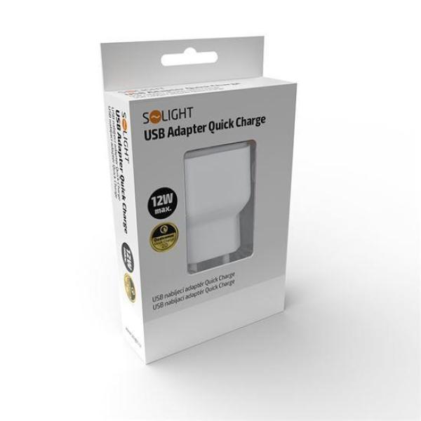 Solight USB nabíjecí adaptér, fast charge: 1x USB Qualcomm, 5V2A/9V1.5A/12V1A, AC 230V, bílošedý1