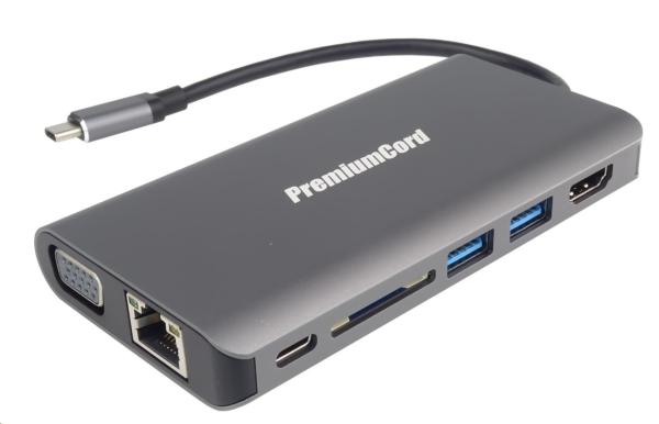 Prevodník PREMIUMCORD USB3.1 typ C na HDMI+VGA+RJ45+2xUSB3.0+SD karta +3, 5 mm+PD nabíjanie