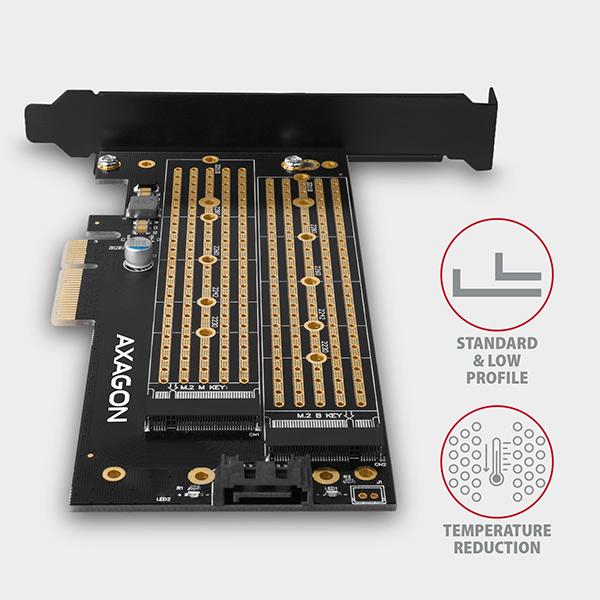AXAGON PCEM2-D,  PCIe x4 - M.2 NVMe M-key + SATA B-key slot adaptér,  vrátane. LP7