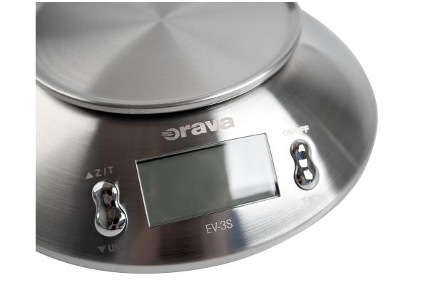 ORAVA EV-3 S digitální kuchyňská váha,  LCD displej,  přesnost 1 g,  funkce TARE,  nerez,  časovač4