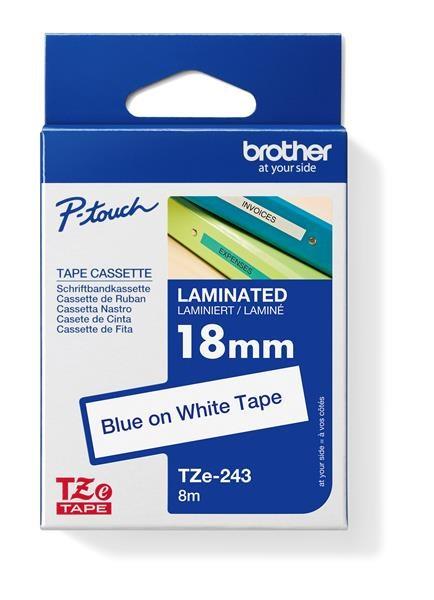 BROTHER TZE243 - 18 mm široká kazeta TZ,  laminovaná TZE-243,  biele/ modré písmo