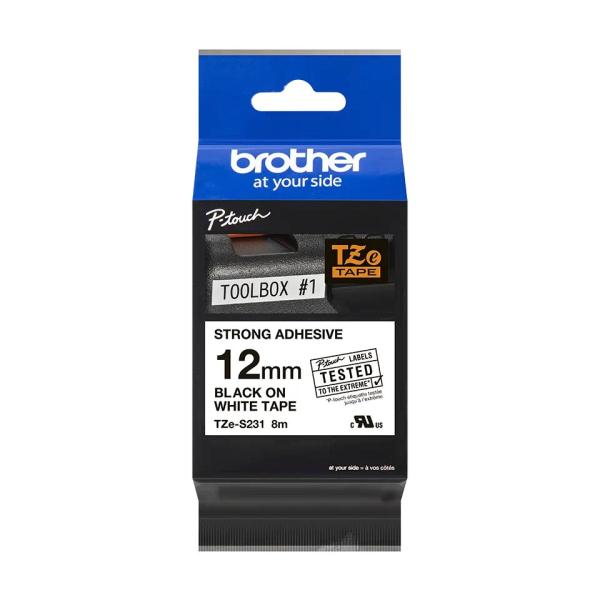 BROTHER TZES231 - 12 mm široká kazeta TZ, extrémne lepiaci laminát TZE-S231, biele/čierne písmo1