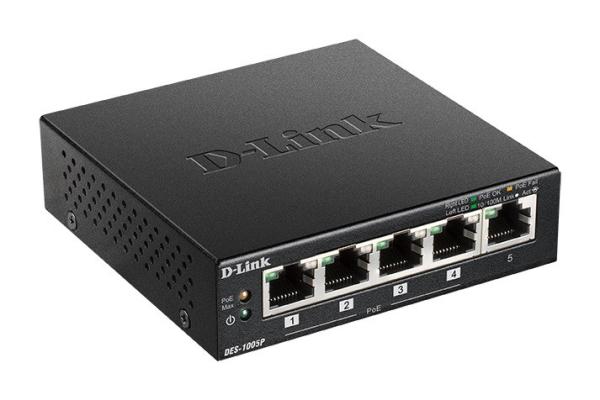 D-Link DES-1005P B1 5-portový 10/ 100 PoE stolový prepínač,  4x PoE+,  60W pre PoE1