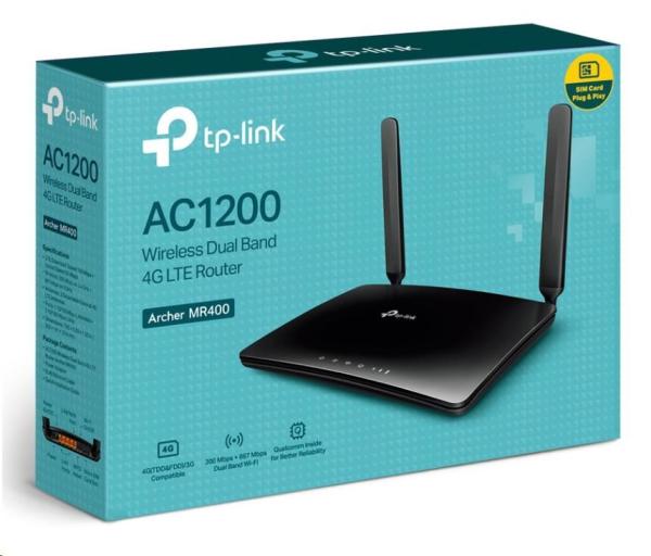 TP-Link Archer MR400 OneMesh WiFi5 router (AC1200, 4G LTE, 2,4GHz/5GHz, 3x100Mb/s LAN, 1x100Mb/s LAN/WAN, 1xmicroSIM)3