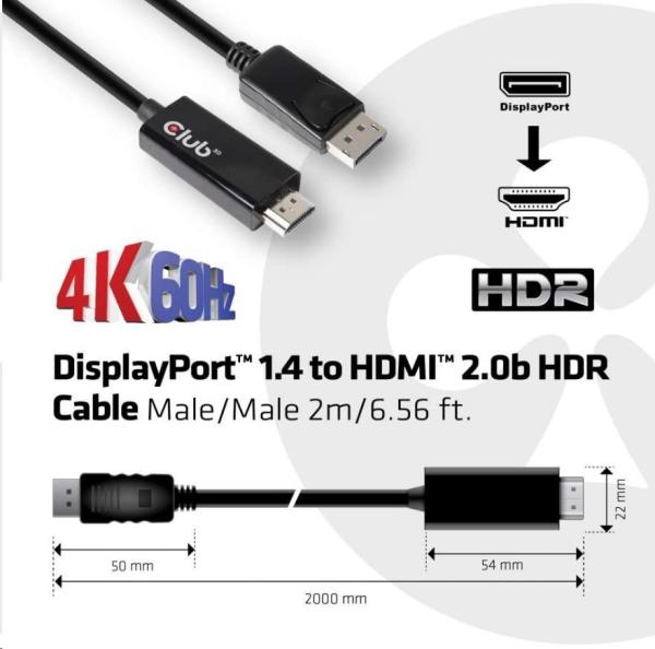 Club3D Adaptér aktivní DisplayPort 1.4 na HDMI 2.0b HDR (M/M), 2m5