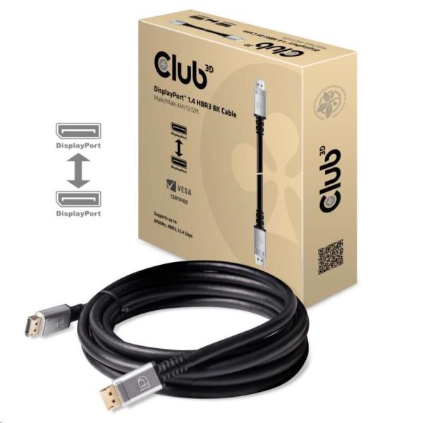 Club3D Kabel certifikovaný DisplayPort 1.4,  HBR3,  8K60Hz (M/ M),  stříbrné koncovky,  4m,  24 AWG