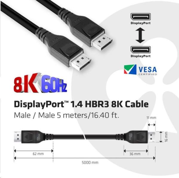 Club3D Kabel certifikovaný DisplayPort 1.4,  HBR3,  8K60Hz (M/ M),  5m,  28 AWG0