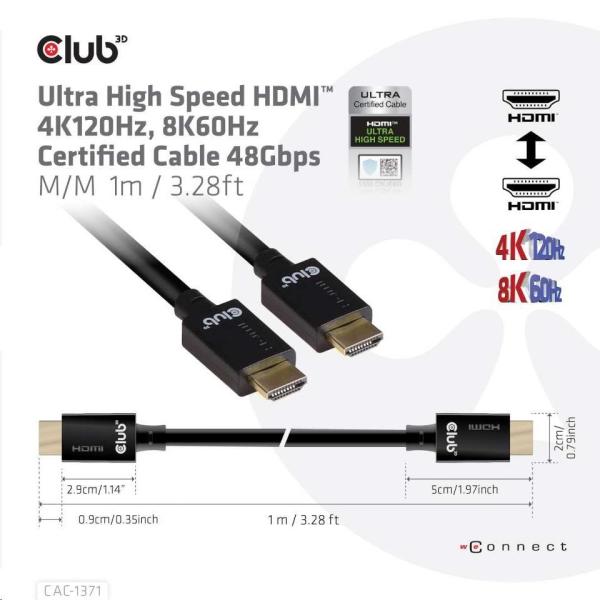 Club3D Kabel Ultra Rychlý HDMI™ Certifikovaný 4K 8K60Hz 48Gbps (M/ M),  1m,  30 AWG0