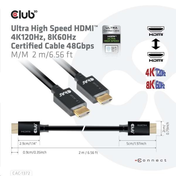 Kábel HDMI Club3D 2.1 Ultra High Speed HDMI™ 4K120Hz,  8K60Hz,  2m6