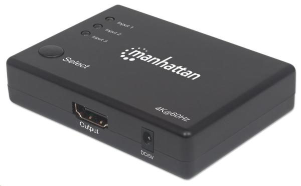 Prepínač MANHATTAN,  HDMI 4K,  diaľkové ovládanie 60 Hz,  napájací adaptér,  čierny