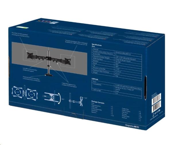 Stolný držiak ARCTIC Z2 Pro (Gen3) pre 2x LCD do 34",  nosnosť 2x15 kg,  4x USB HUB,  čierny15