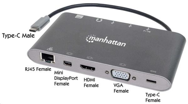 MANHATTAN Dokovací stanice USB-C na HDMI,  Mini DP,  VGA,  3xUSB 3.0,  USB-C PD port,  RJ 45,  Card Reader,  3, 5 mm
