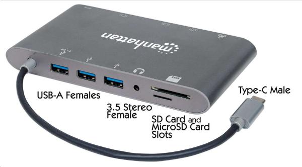 MANHATTAN Dokovacia stanica USB-C na HDMI, Mini DP, VGA, 3xUSB 3.0, port USB-C PD, RJ 45, čítačka kariet, 3,5 mm0