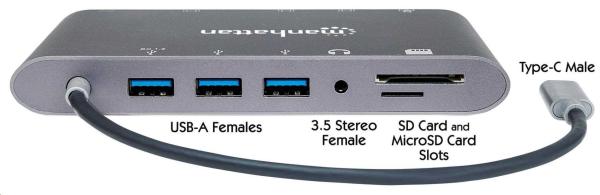 MANHATTAN Dokovacia stanica USB-C na HDMI,  Mini DP,  VGA,  3xUSB 3.0,  port USB-C PD,  RJ 45,  čítačka kariet,  3, 5 mm4