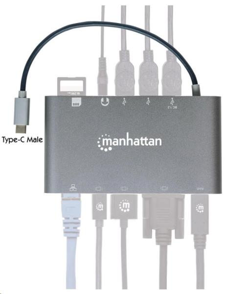 MANHATTAN Dokovacia stanica USB-C na HDMI,  Mini DP,  VGA,  3xUSB 3.0,  port USB-C PD,  RJ 45,  čítačka kariet,  3, 5 mm6