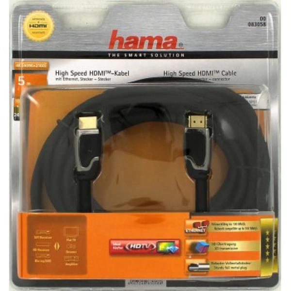 Hama HDMI kábel vidlica-vidlica, 5 m, pozlát., ferit. filtre, kovové vidlice, opletený, Ethernet1