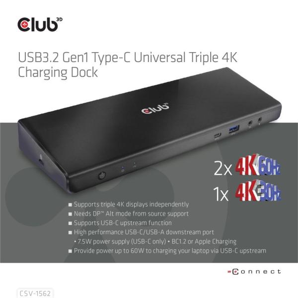 Dokovacia stanica USB Club3D 3.2 typy C (5xUSB/USB-C/3xHDMI/2xDP/Ethernet/Audio) s univerzálnym trojitým napájacím adap2