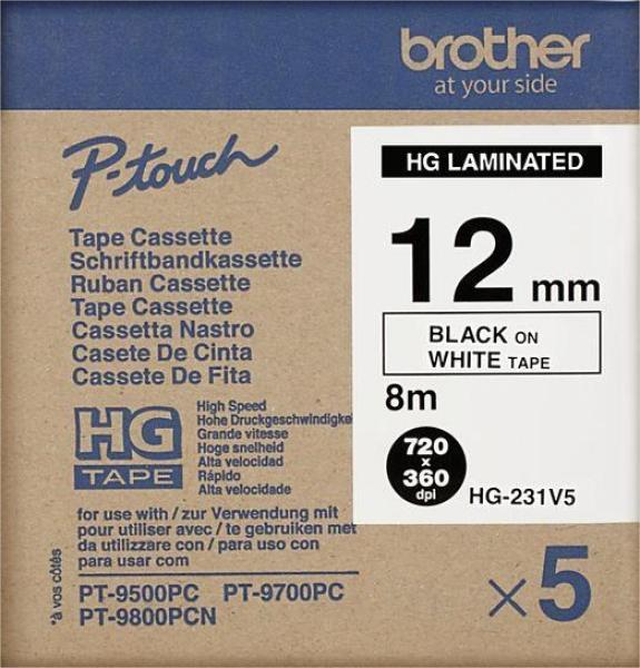 BROTHER HGE-231V5 Labelling Supplies,  12mm Black/ White (5 pcs Pack) High Grade Tape