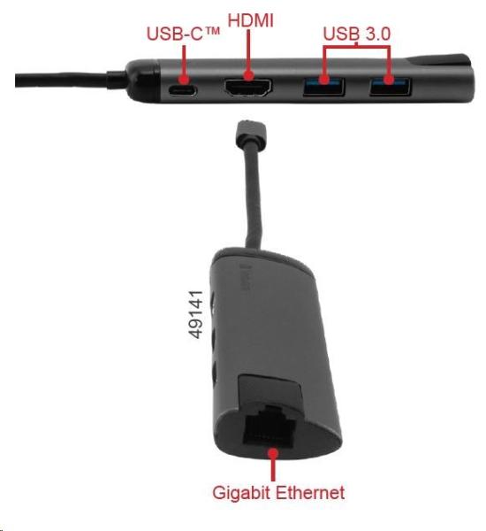 VERBATIM 49141 Multiportový USB-C HUB, 2x USB 3.0, 1x USB-C, HDMI, LAN, šedý dok1