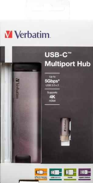 VERBATIM 49141 Multiportový USB-C HUB,  2x USB 3.0,  1x USB-C,  HDMI,  LAN,  šedý dok7