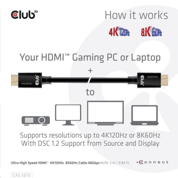 Club3D Kabel Ultra Rychlý HDMI™ Certifikovaný, 4K 120Hz, 8K60Hz, 48Gbps M/M, 3m, 28 AWG8