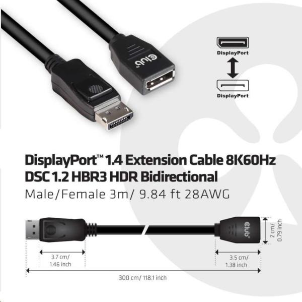 Club3D Predlžovací kábel DisplayPort 1.4 8K 60Hz DSC 1.2 HBR3 HDR obojsmerný (M/ F),  3m3