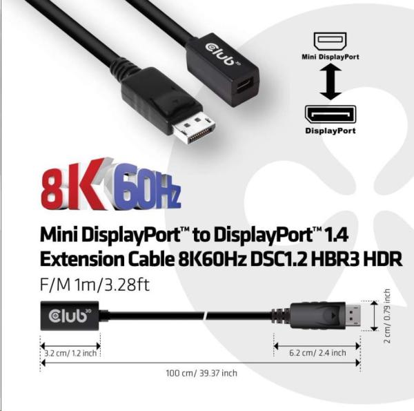 Club3D Prodlužovací kabel Mini DisplayPort 1.4 na DisplayPort 8K 60Hz DSC 1.2 HBR3 HDR Bidirectional (F/ M),  1m3
