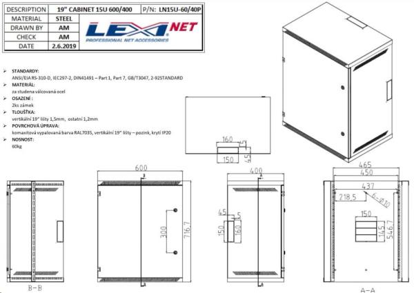 LEXI-Net 19" nástěnný rozvaděč 15U 600x450,  nosnost 60 kg,  plné dveře,  svařovaný,  šedý2