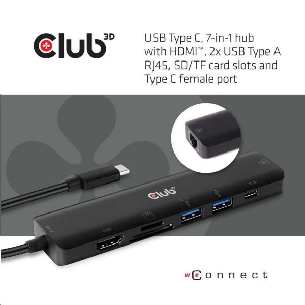 Club3D hub USB-C 3.2 Gen1 7in1 Hub HDMI 4K60Hz,  2x SD card,  2x USB-A,  USB-C PD - nabíjení 100W,  RJ451