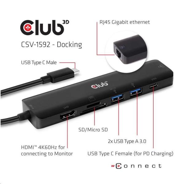 Club3D hub USB-C 3.2 Gen1 7in1 Hub HDMI 4K60Hz,  2x SD card,  2x USB-A,  USB-C PD - nabíjení 100W,  RJ454