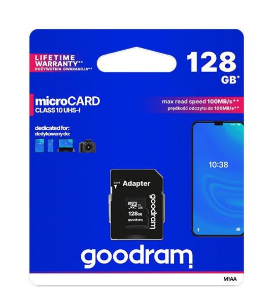 Karta GOODRAM MicroSDXC 128GB M1AA,  UHS-I Class 10,  U1 + adaptér